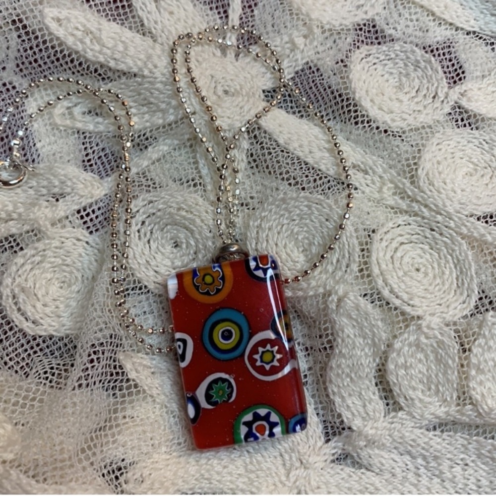 Boho MURANO Necklace Italian Handmade Glass Pendant Red Green Blue Orange Silver